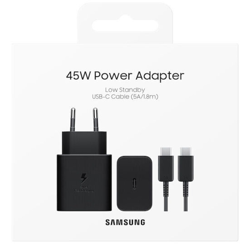 Samsung Φορτιστής με Θύρα USB-C και Καλώδιο USB-C - USB-C 45W Power Delivery Μαύρος